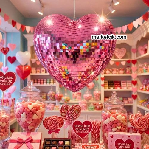 Marketcik Dekoratif Pembe Aynalı Kalp 45 cm