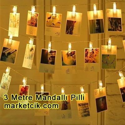 3 Metre Mandallı ve Pilli Led Fotoğraf Süsleme Işığı, Dekoratif Led Aydınlatma, 20 Sarı Işık