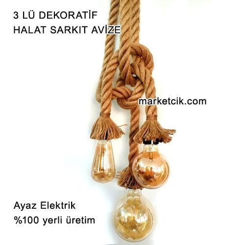 Dekoratif 3 lü Orjinal Jut Halatlı Dekoratif Halat Sarkıt Avize, AMPUL DAHİL