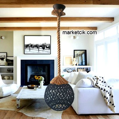 Marketcik Siyah Hasır Şapkalı Halat Avize Avize