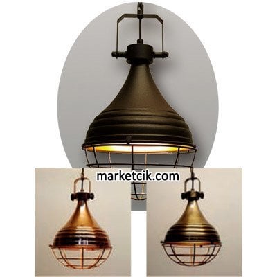 Marketcik Dekoratif Eskitme Kaplamalı Tel Kafesli Retro Sarkıt Avize, Tekli Modern Avize