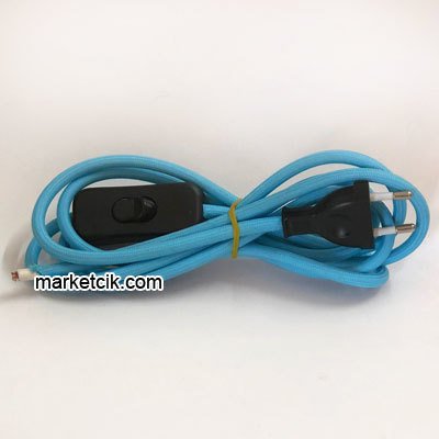 2 metre Mavi Kumaş Aç Kapa Anahtarlı Fişli Abajur Lambader Kablosu