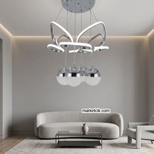Malta Krom Kasa 4 Top Modern LED Avize 3 Renk Işıklı Tekli Sarkıt