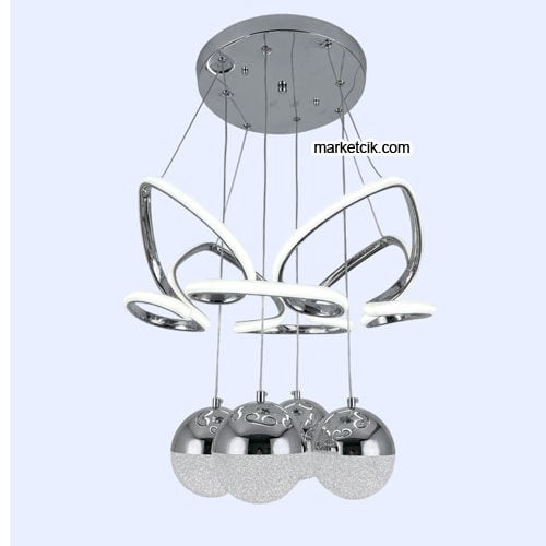 Malta Krom Kasa 4 Top Modern LED Avize 3 Renk Işıklı Tekli Sarkıt