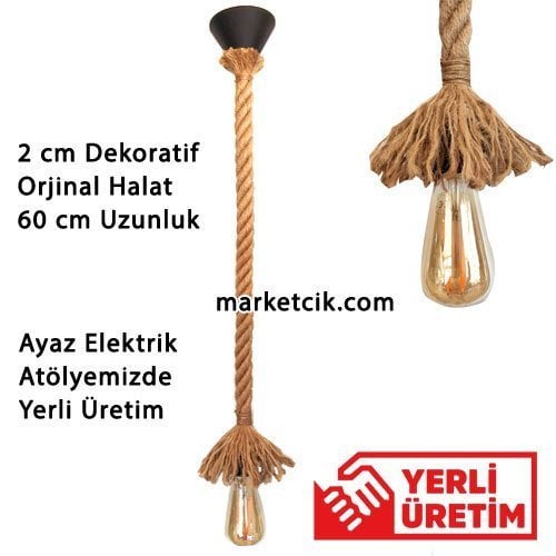 Marketcik Dekoratif Jut Halat Sarkıt Avize 60 cm Boy E27 Duy Tavan Rozanslı
