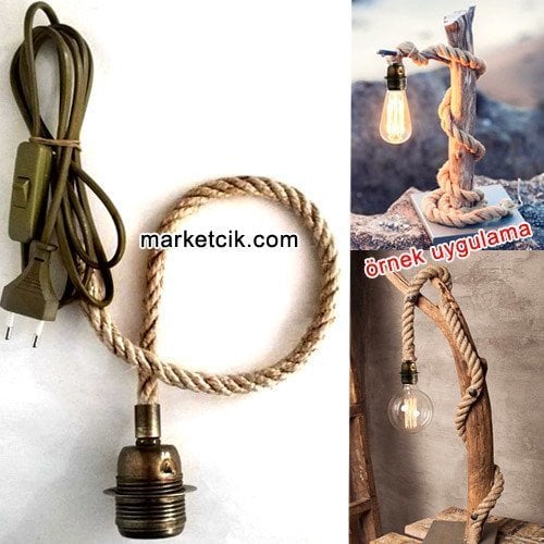 Ağaç Dalı Lambader Yapımı İçin Eskitme Duylu Anahtarlı Kablolu 1cm Jut Hasır Halat Kablo