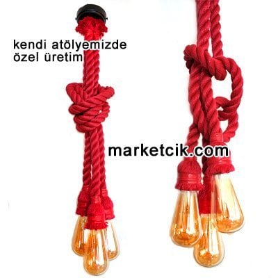 Marketcik Dekoratif 3 lü Kırmızı Halat Sarkıt Avize