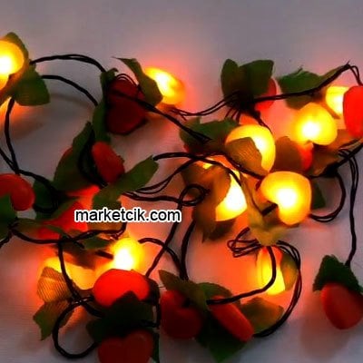 3,5 Metre Kalp Led Kırmızı Işıklı Kordon, Yapraklı Kalp Süsleme Işık