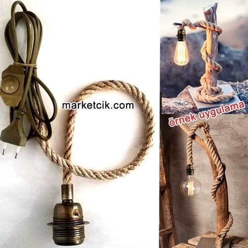 Ağaç Dalı Lambader Yapımı İçin Eskitme Duylu Dimer Anahtarlı Kablolu 1cm Jut Hasır Halat Kablo 1 Metre