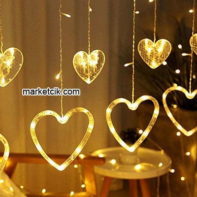 İç Mekan Dekoratif 2,5 mt 6 Küçük 6 Büyük Kalpli Saçak Perde Led Işık