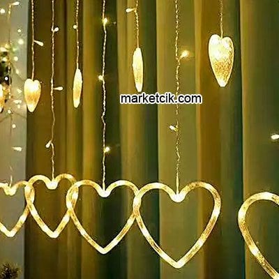 İç Mekan Dekoratif 2,5 mt 6 Küçük 6 Büyük Kalpli Saçak Perde Led Işık