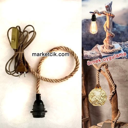 Ağaç Dalı Lambader Yapımı İçin Siyah Şapka Duylu Anahtarlı Kablolu 1cm Jut Hasır Halat Kablo