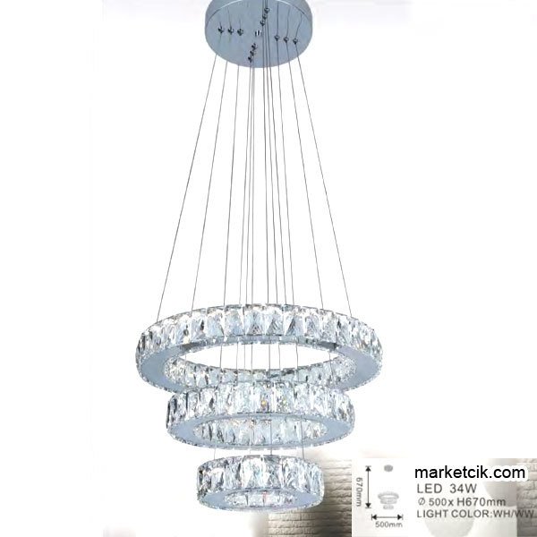 Marketcik 34 Watt Dekoratif Kristal Camlı Led Avize Beyaz Işık