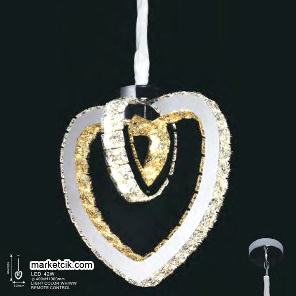 Marketcik 42 Watt Kalp Model Dekoratif Kristal Camlı Led Avize Beyaz Işık