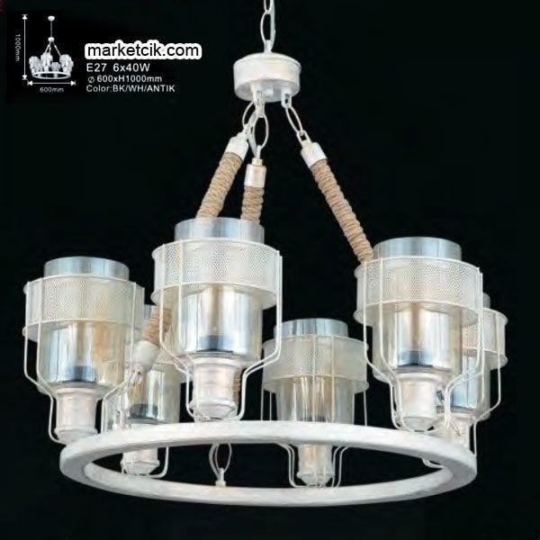 Marketcik Camlı Krem Metal İşlemeli Halatlı Dekoratif Retro Rustik Avize 6xE27 Duylu