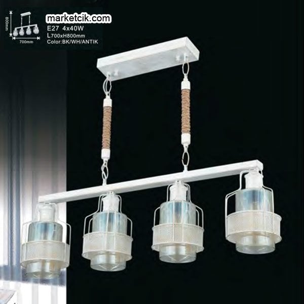 Marketcik Camlı Krem Metal İşlemeli Halatlı Dekoratif Retro Rustik Avize 4xE27 Duylu