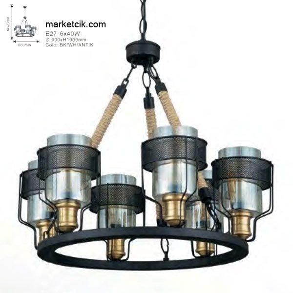 Marketcik Camlı Siyah Metal İşlemeli Halatlı Dekoratif Retro Rustik Avize 6xE27 Duylu
