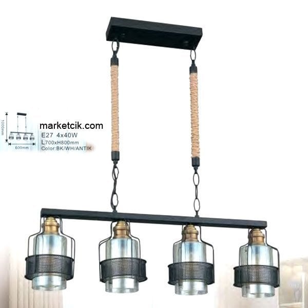 Marketcik Camlı Siyah Metal İşlemeli Halatlı Dekoratif Retro Rustik Avize 4xE27 Duylu