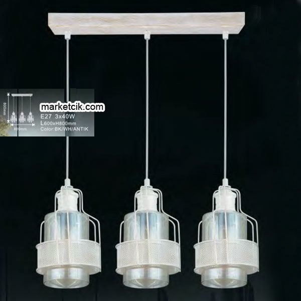 Marketcik Camlı Krem Metal İşlemeli Dekoratif Retro Rustik Avize 3xE27 Duylu