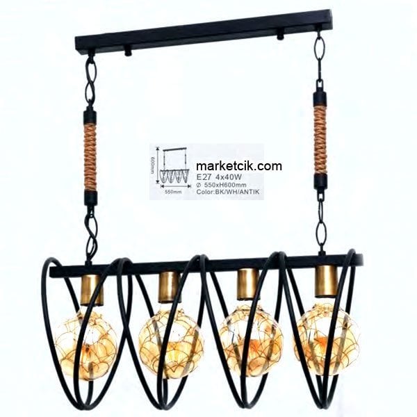 Marketcik Camlı Siyah Metal İşlemeli Halatlı Dekoratif Retro Rustik Avize 4xE27 Duylu