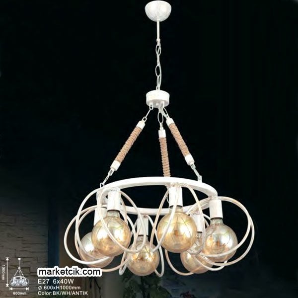 Marketcik Camlı Krem Metal İşlemeli Halatlı Dekoratif Retro Rustik Avize 6xE27 Duylu