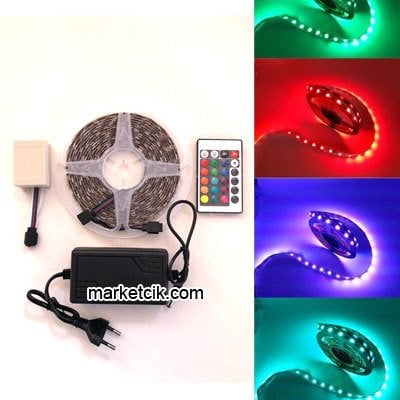 Marketcik Üç Çip Kumandalı RGB Şerit Led 5 metre Renkli Işık