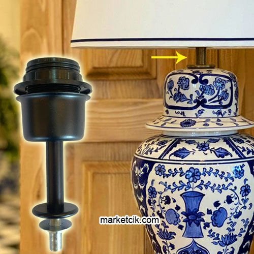 Marketcik Çini Seramik Vazo Abajur Masa Lambası Aydınlatma Sistemi Siyah E27 Duy