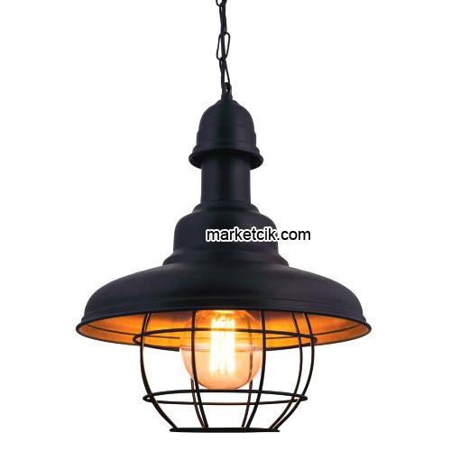 Marketcik RT10 Dekoratif Siyah Kafesli Retro Sarkıt Avize, Tekli Modern Avize