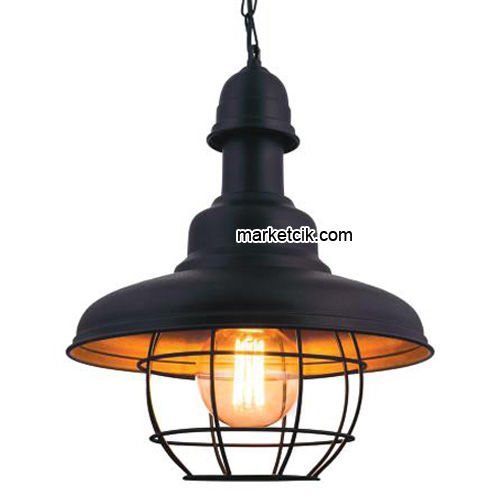 Marketcik RT10 Dekoratif Siyah Kafesli Retro Sarkıt Avize, Tekli Modern Avize
