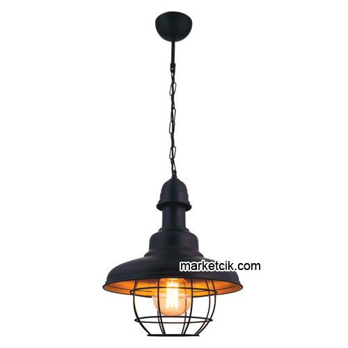 Marketcik RT10 Dekoratif Siyah Kafesli Retro Sarkıt Avize, Tekli Modern Avize