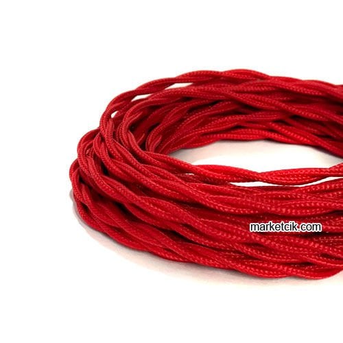 Marketcik 2x0,50mm Kırmızı Renkli Dekoratif BURGULU Kumaş Kablo, 5 Metrelik Paket