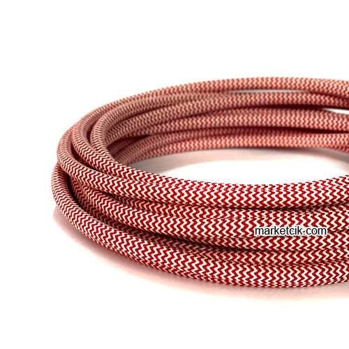 Marketcik 2x0,50mm Kırmızı Beyaz Renk Dekoratif Örgülü Kumaş Kablo, 1 Metre