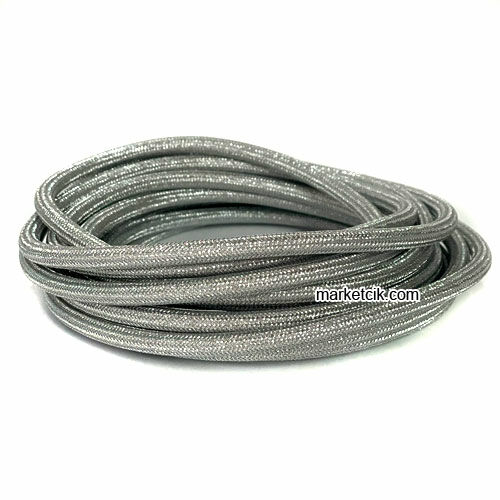 Marketcik 2x0,50mm Krom Gümüş Renk Dekoratif Örgülü Kumaş Kablo, 1 Metre