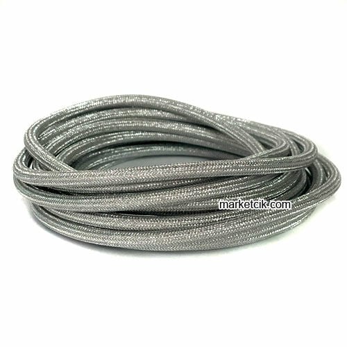 Marketcik 2x0,50mm Krom Gümüş Renk Dekoratif Örgülü Kumaş Kablo, 1 Metre