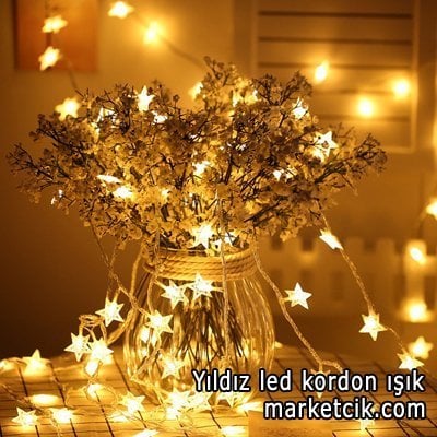 5 Metre 20 Ledli Yıldız İç Mekan Led Kordon, Dekoratif Led Yılbaşı Aydınlatma, Sarı Işık