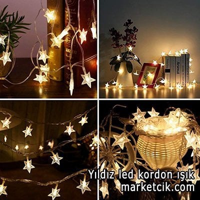 5 Metre 20 Ledli Yıldız İç Mekan Led Kordon, Dekoratif Led Yılbaşı Aydınlatma, Sarı Işık