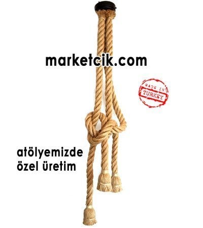 Dekoratif 3 lü Orjinal Jut Halatlı Dekoratif Halat Sarkıt Avize, Kancaya Takılan Rozanslı Porselen Duy