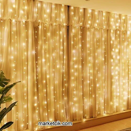 Marketcik 2x2 Metre İç Mekan Yılbaşı Led Perde Sarı Sabit Işık Yeşil Kablo