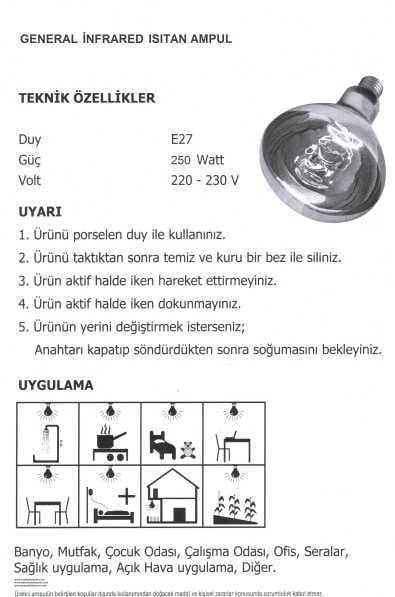 General-Tungsram 250 Watt İnfrared Isıtan Lamba-Ampul, Şeffaf Işık