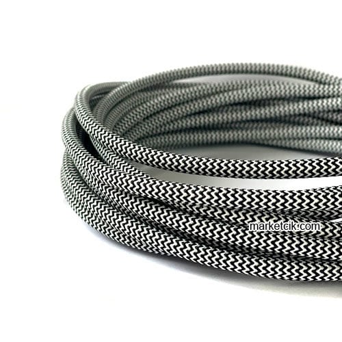 Marketcik 2x0,50mm Siyah Beyaz Renk Dekoratif Örgülü Kumaş Kablo, 5 Metrelik Paket