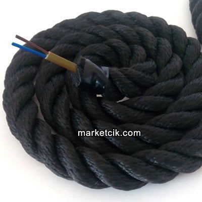 2cm Dekoratif Örgülü Siyah Halat Kablo, 1 Metre