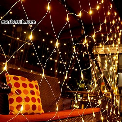 Marketcik 2x2 Metre İç Mekan File Led Ağ Perde Yeşil Kablo Eklemeli 250 Led Sarı Işık