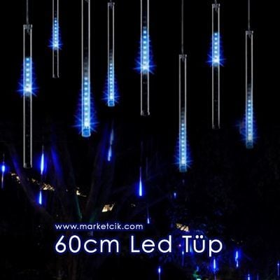 60 cm İç ve Dış Mekan Led Sarkıt Tüp, Dekoratif Led Yılbaşı Aydınlatma, Beyaz-Mavi-Kırmızı Işık