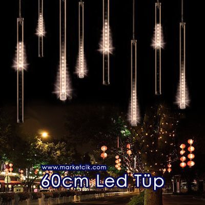 60 cm İç ve Dış Mekan Led Sarkıt Tüp, Dekoratif Led Yılbaşı Aydınlatma, Beyaz-Mavi-Kırmızı Işık