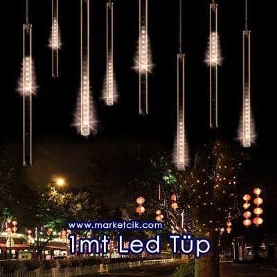 1 metre İç ve Dış Mekan Led Sarkıt Tüp, Dekoratif Led Yılbaşı Aydınlatma, Beyaz-Mavi-Kırmızı Işık
