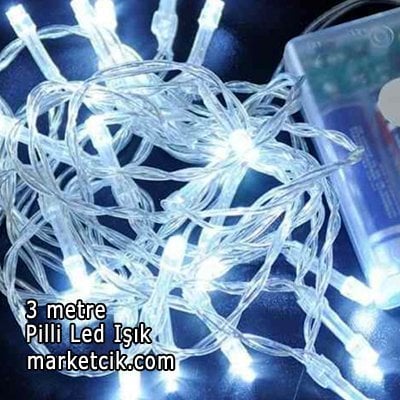 3 Metre 20 Ledli Pilli İç Mekan Led Kordon, Dekoratif Led Yılbaşı Aydınlatma, Günışığı-Beyaz Işık