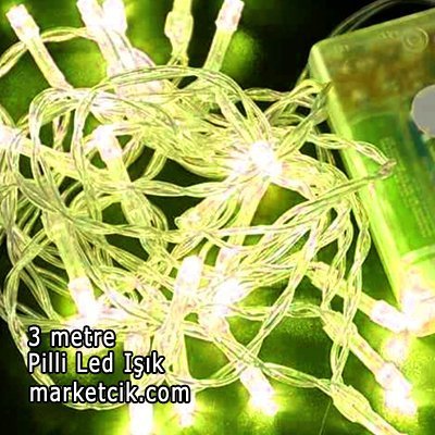 3 Metre 20 Ledli Pilli İç Mekan Led Kordon, Dekoratif Led Yılbaşı Aydınlatma, Günışığı-Beyaz Işık