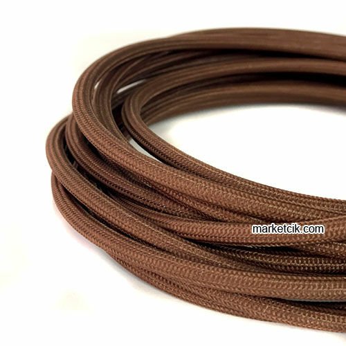 Marketcik 2x0,50mm Kahverengi Renkli Dekoratif Örgülü Kumaş Kablo, 5 Metrelik Paket