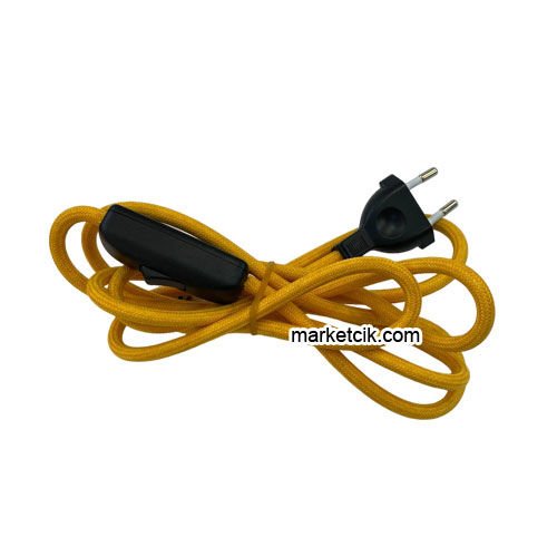 2 metre Koyu Sarı Kumaş Aç Kapa Anahtarlı Fişli Abajur Lambader Kablosu