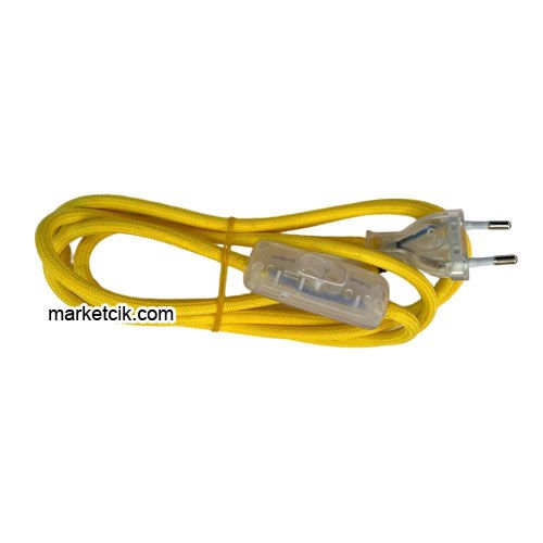 2 metre Sarı Kumaş Aç Kapa Anahtarlı Fişli Abajur Lambader Kablosu